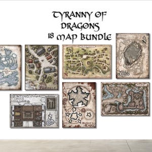 Puede incluir: Un conjunto de seis mapas de fantasía del "Tyranny of Dragons" 18 Map Bundle. Los mapas presentan ilustraciones detalladas de lugares como Arkhutath's Iceberg, Greenest y Well of Dragons, con etiquetas de texto y rosas de los vientos.