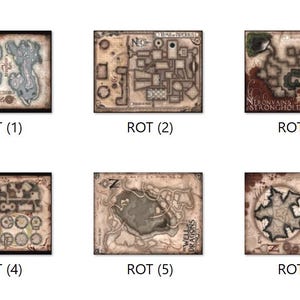 May include: Six fantasy map prints with detailed illustrations of dungeons, castles, and landscapes. Each map is labeled with "ROT" and a number, with text such as "Neronvains Stronghold" and "Well of Dragons".