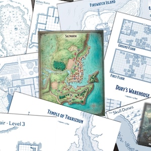 May include: A collection of fantasy role-playing game maps and a book cover. The central map is titled "Saltmarsh" and depicts a coastal town. Other maps show locations like "Abbey Isle" and "Firewatch Island". The book cover reads "Ghosts of Saltmarsh Beyond".
