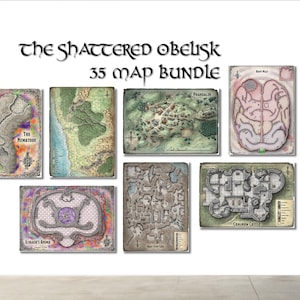 May include: A collection of seven fantasy maps with detailed illustrations. The maps are in various styles, including a coastal region, a town, and a maze. The text "The Shattered Obelisk 35 Map Bundle" is at the top.