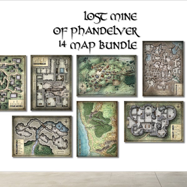 Paquete de mapas de aventuras de Lost Mine Of Phandlver - Impresiones de mapas de batalla de calidad en papel fotográfico mate o lienzo - 14 mapas de 30 x 40 cm