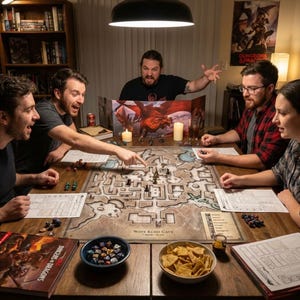 May include: A group of five people are gathered around a wooden table, playing a tabletop role-playing game. The game features a detailed map, miniature figures, dice, and character sheets. Snacks and drinks are also on the table, creating a social atmosphere.