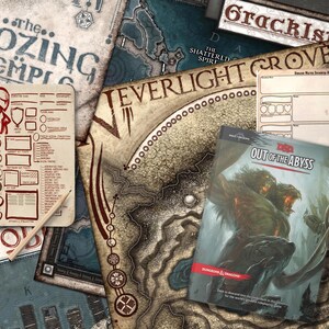 May include: A collection of fantasy role-playing game materials, including a book titled "Out of the Abyss" with a monster illustration, character sheets, and maps. The maps feature text like "Neverlight Grove" and "The Oozing Temple".