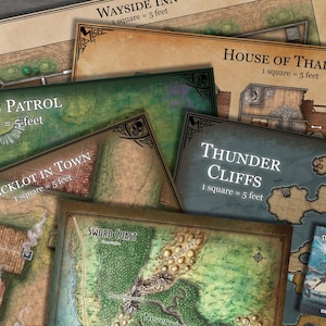 May include: A collection of tabletop role-playing game maps featuring various locations including Wayside Inn, House of Thalivar, Missing Patrol, Backlot in Town, Thunder Cliffs, and Sword Coast, each with a 1 square equals 5 feet scale indicator.