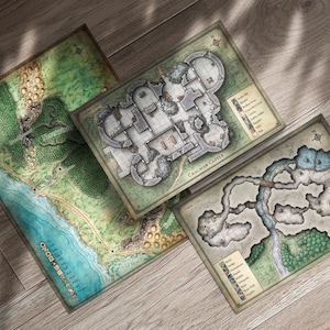 May include: Three different maps, each with a different design. The first map is a green and brown map of a forest with a coastline. The second map is a green and white map of a castle with the text "Cragshaw Castle" in the bottom right corner. The third map is a green and blue map of a cave system with the text "Cragshaw Hideout" in the bottom right corner.