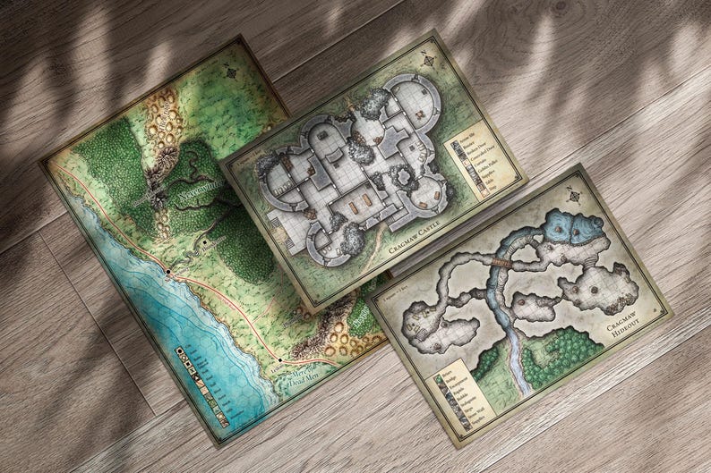 May include: Three different maps, each with a different design. The first map is a green and brown map of a forest with a coastline. The second map is a green and white map of a castle with the text "Cragshaw Castle" in the bottom right corner. The third map is a green and blue map of a cave system with the text "Cragshaw Hideout" in the bottom right corner.