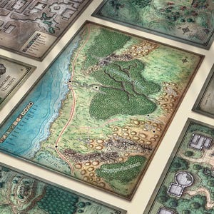 May include: A set of eight fantasy role-playing game maps, featuring various locations, including a forest, a cave, and a town. The maps are printed on thick paper and have a vintage style.