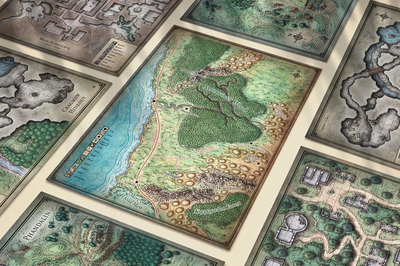May include: A set of eight fantasy role-playing game maps, featuring various locations, including a forest, a cave, and a town. The maps are printed on thick paper and have a vintage style.
