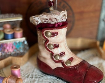 Burgundy & Tan Victorian Boot Ceramic Pincushion