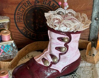 Burgundy & Pink Victorian Boot Ceramic Pincushion