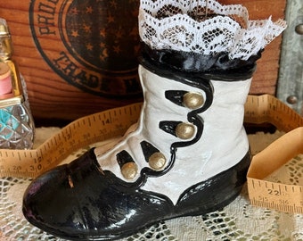 Black & White Victorian Boot Ceramic Pincushion