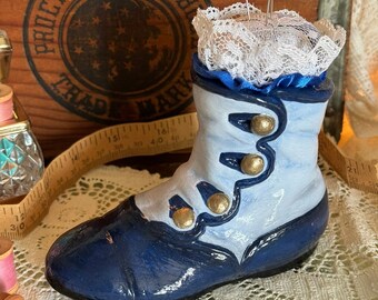 Blue Victorian Boot Ceramic Pincushion