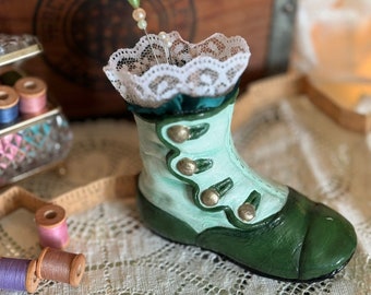 Green Victorian Boot Ceramic Pincushion