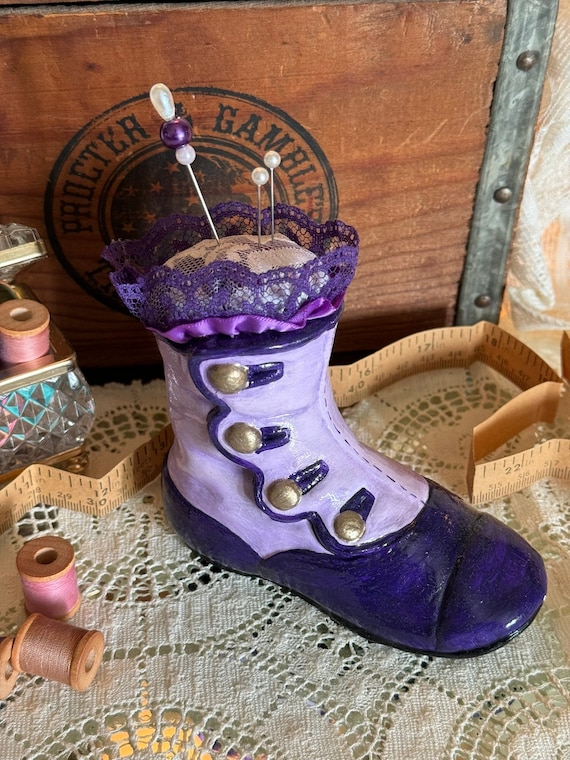 Purple Victorian Boot Ceramic Pincushion