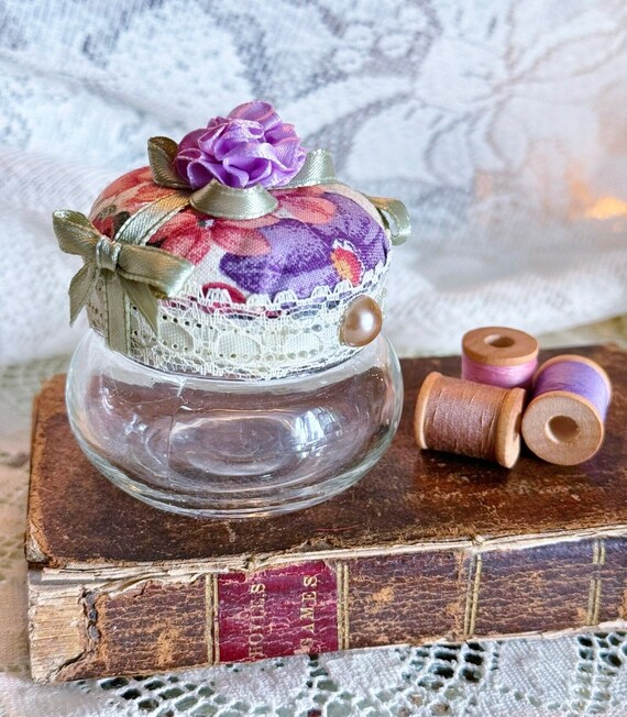Pink & Lavender Floral Flowers Pincushion Jar