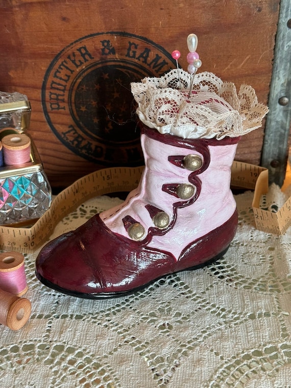 Burgundy & Pink Victorian Boot Ceramic Pincushion