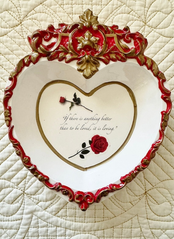 Baroque Ceramic Heart Candy/Trinket Dish or Wall Hanging w/ Red & Gold Decoration