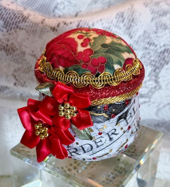 Christmas Poinsettia Decoupaged Pincushion Jar