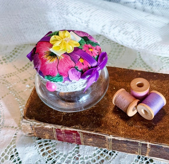 Pink & Purple Pansies Pincushion Jar