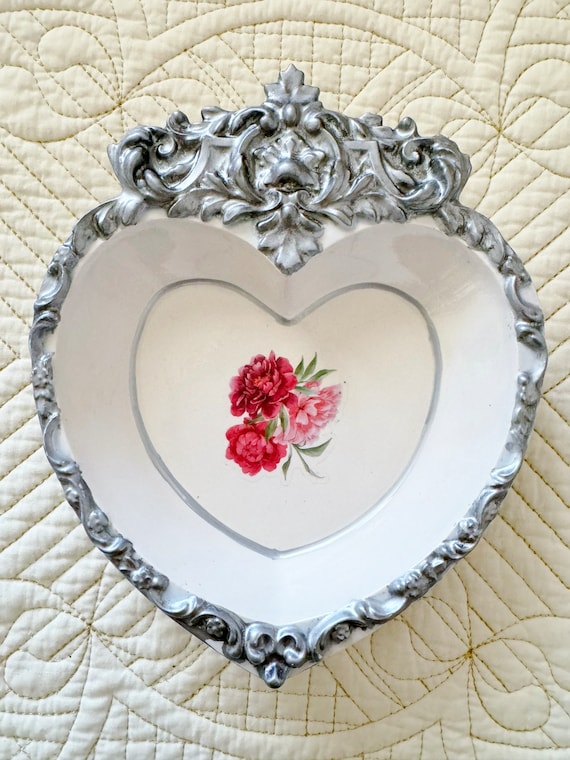 Baroque Ceramic Heart Candy/Trinket Dish or Wall Hanging w/ Silver Decoration