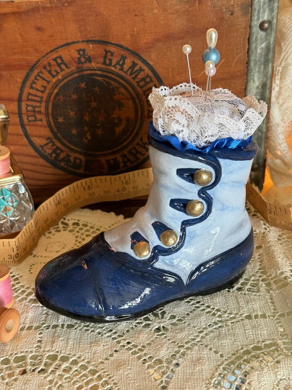 Blue Victorian Boot Ceramic Pincushion