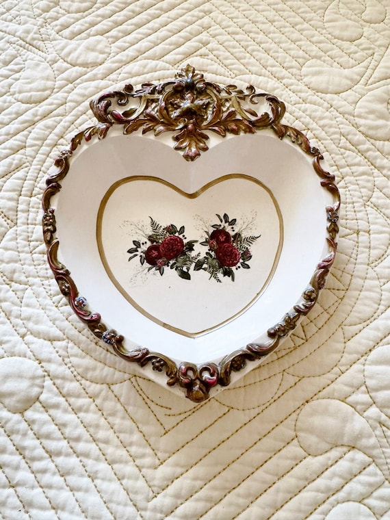 Baroque Ceramic Heart Candy/Trinket Dish or Wall Hanging w/ Antique Gold Decoration