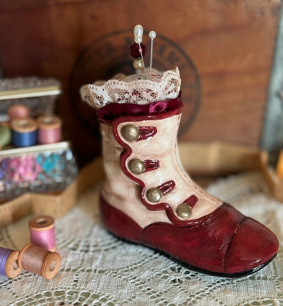 Burgundy & Tan Victorian Boot Ceramic Pincushion