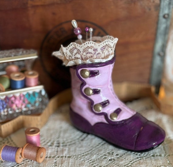 Plum Victorian Boot Ceramic Pincushion