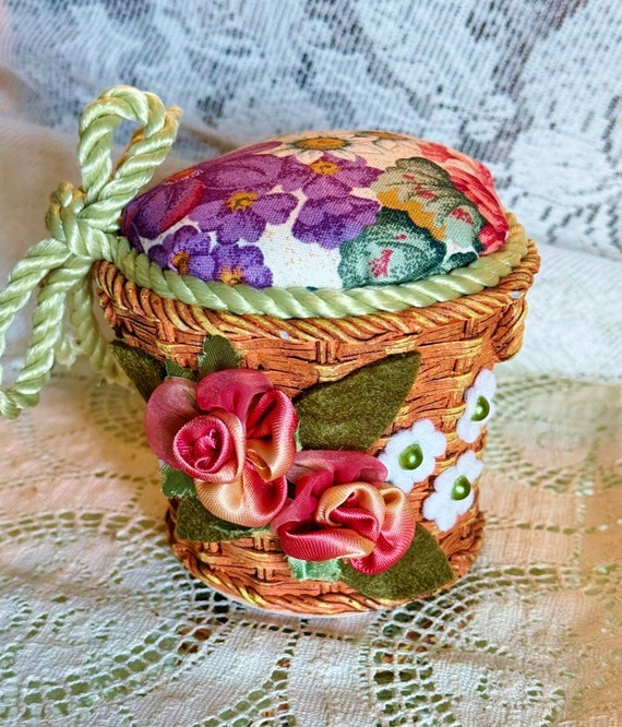Floral Flower Basket Pincushion