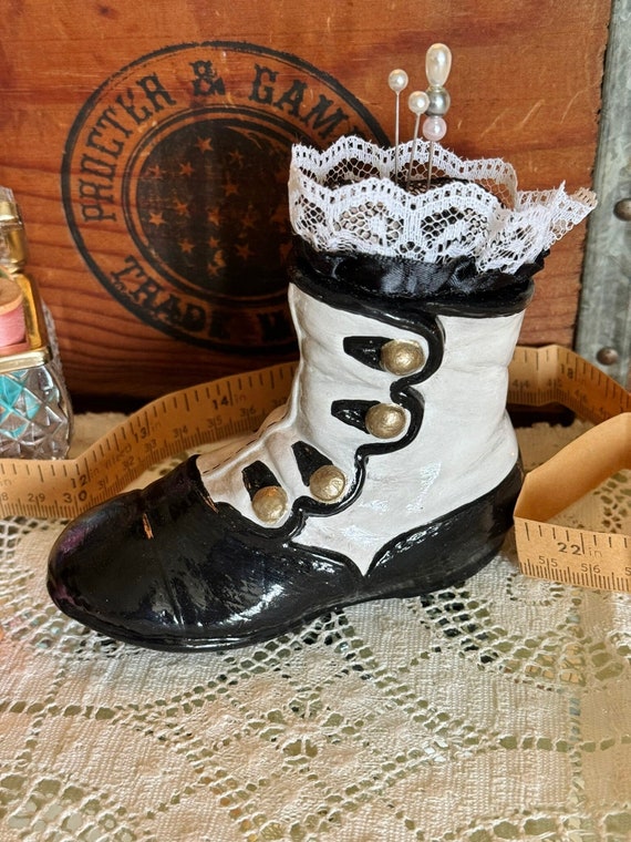 Black & White Victorian Boot Ceramic Pincushion