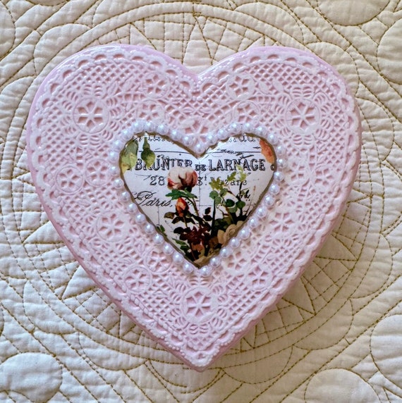 Pink Ceramic Heart Jewelry/Trinket/Candy Box w/ Decoupage Heart on Lid