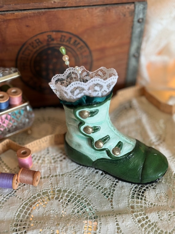 Green Victorian Boot Ceramic Pincushion