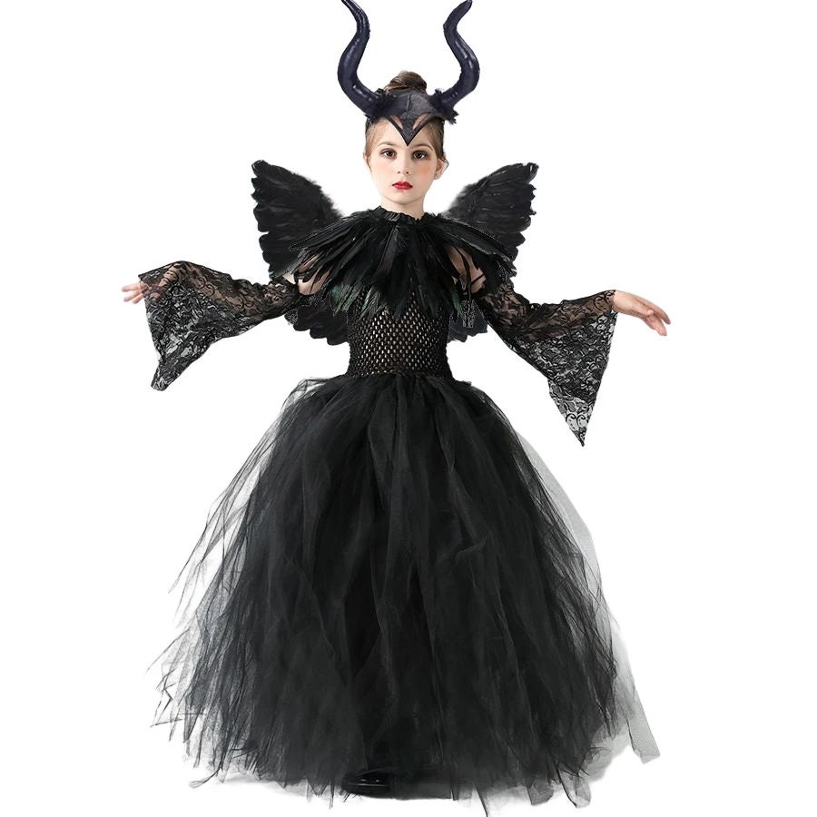 Herenear 5 Pezzi Malefica Costume per Bambina, Vestito Malefica