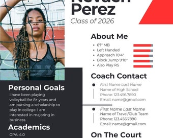 Puede incluir: Un perfil de jugadora de voleibol rojo y negro con una foto de la jugadora, objetivos personales, logros académicos, información de contacto y aspectos destacados en la cancha. La jugadora mide 155 cm de altura y tiene un acercamiento de 3,15 m y un salto de bloqueo de 3 m. La jugadora fue nombrada para el primer equipo de la conferencia en 2024 y para el equipo del estado en 2024. La jugadora también ganó 3 ofertas de nivel abierto en 2024.