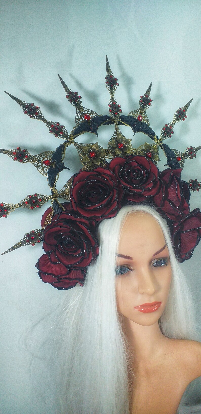 Gothic Goth Crow Raven Red Roses Saint Wedding Halo Headdress Headpiece ...
