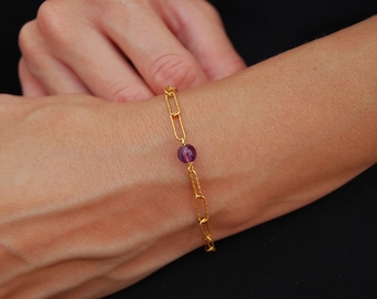 Amethyst bracelet, sterling silver bracelet, dainty chain bracelet, silver 925 bracelet, gemstone bracelet, diameter stone: 5 mm.