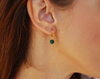 Malachite hoops earrings, sterling silver earrings, dainty malachite earrings, silver 925 hoops, minimalist malachite earrings.