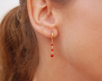 Red coral earrings, dainty hoops earrings, sterling silver earrings, minimalist hoops, diameter hoops: 10 mm.