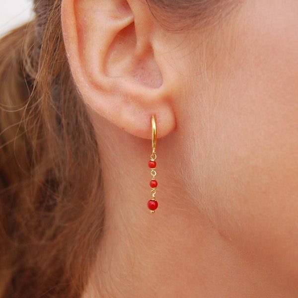 Red coral earrings, dainty hoops earrings, sterling silver earrings, minimalist hoops, diameter hoops: 10 mm.