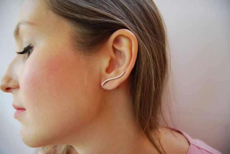 Dainty ear climber, cz earrings, minimalist earrings, delicate ear climber, sterling silver 925 earrings. image 2