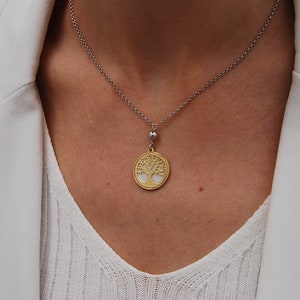 May include: A silver chain necklace with a gold pendant featuring a tree of life design. The pendant has a white background and a gold outline.