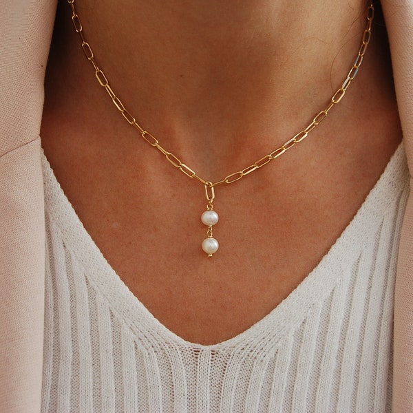 Pearls necklace, silver 925 necklace, Y necklace, dainty chain necklace, long necklace, sterling silver necklace.