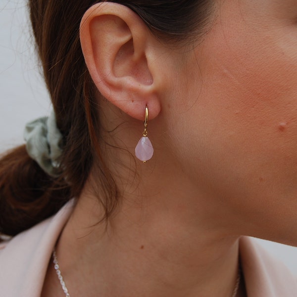 Rose quartz earrings, dainty long earrings, gemstone earrings, silver 925 earrings, delicate silver hoops, minimalist earrings.