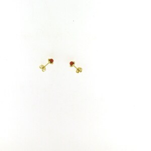 May include: A pair of gold stud earrings with small red gemstone accents.