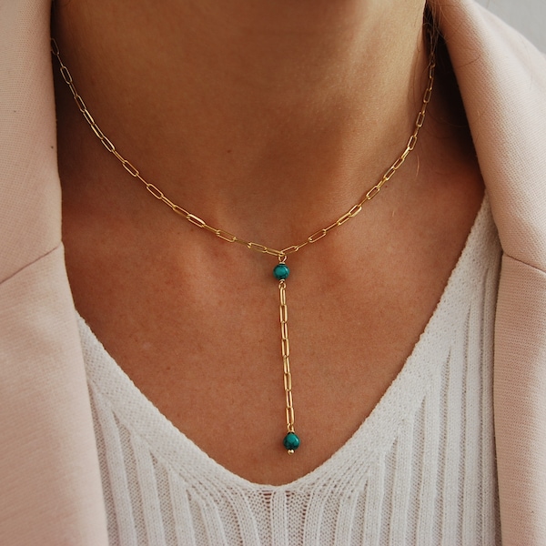 Turquoise necklace, long layered necklace, dainty Y necklace, silver 925 necklace, gemstone necklace, minimalist necklace.