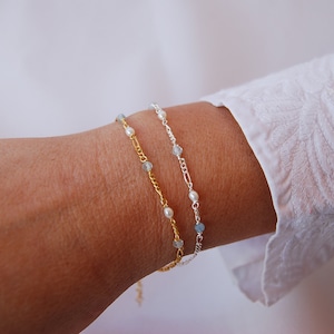 Aquamarin-Perlenarmband, zierliches Aquamarin-Perlenarmband, Armband aus Sterlingsilber 925, minimalistisches Armband.