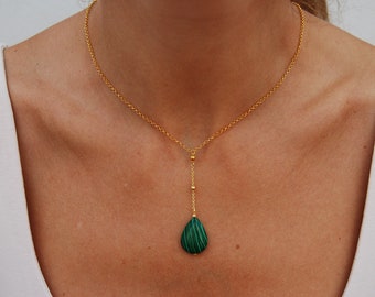 Malachite necklace, sterling silver 925 necklace, dainty malachite necklace, gemstone necklace, long layered necklace.
