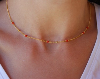 Red coral necklace, silver 925 necklace, gemstone necklace, stacking necklace, minimalist necklace, sterling silver necklace.