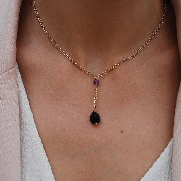 Onyx-amethyst necklace, long layered necklace, Silver 925 necklace, Y necklace, sterling silver necklace, dainty long necklace.