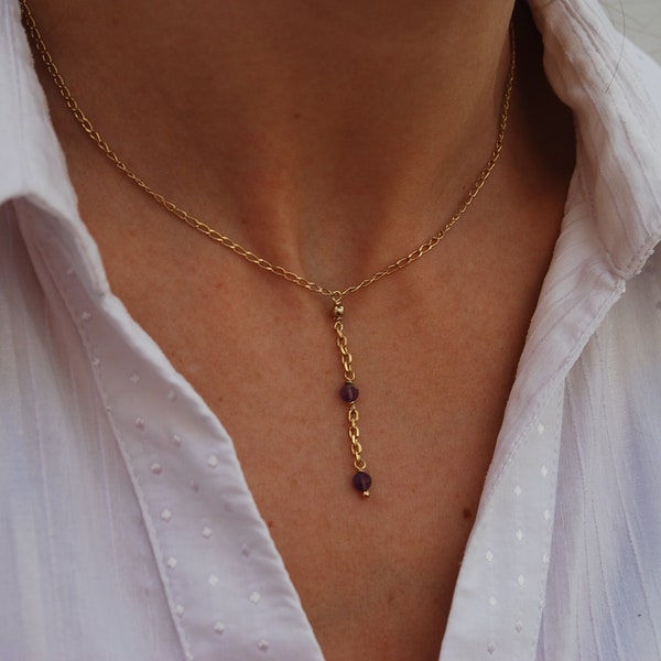 Amethyst necklace, silver 925 necklace, Y necklace, long layered necklace, sterling silver necklace, gemstone necklace